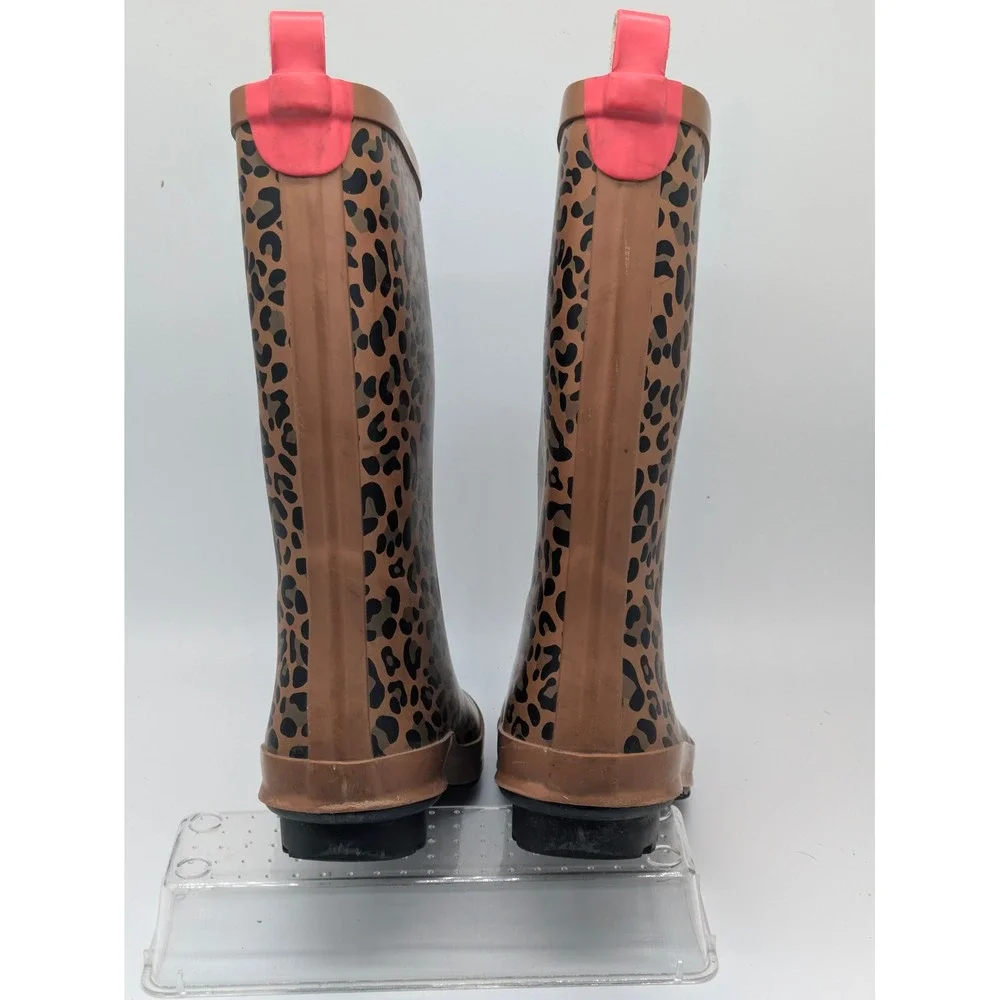 Girls Leopard Print Rain Boots Size 3 Brown Pink Waterproof Mid Calf Boots